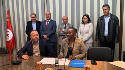 Photo: WFP/Agustin Depetris, The Commissar for Agriculture (front left) and Head of WFP Tunisia (front right) signed the partnership agreement at the Governorate House in Siliana.
